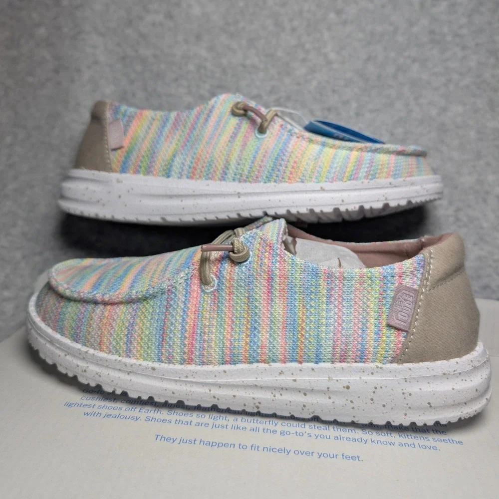Hey Dude Wendy Youth Size 3 Stretch Aurora White Rainbow Striped Slip On Shoes